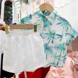  Set áo sơ mi họa tiết cây dừa quần đũi mềm mại 