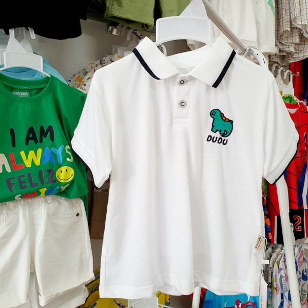  Áo thun cổ trụ bé trai và bé gái thêu hình khủng long dễ thương 