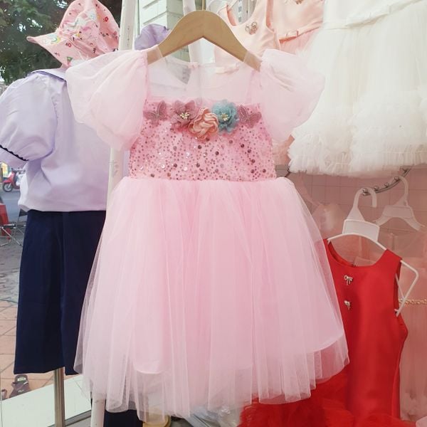  CC05 _ Đầm công chúa tay phồng ngực kết hoa đính kim sa lấp lánh _ Beekids 