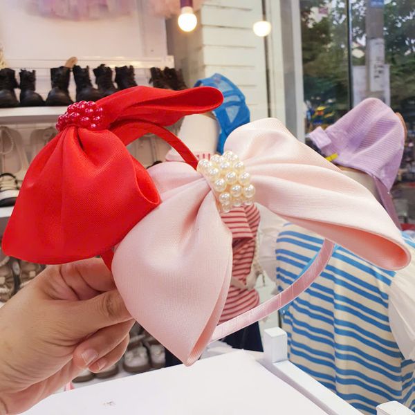  Cài tóc nơ ruy băng bản to đính hạt sang chảnh cho bé gái 