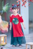  Bộ áo dài bé gái cổ yếm đính ngọc chất lụa ngọc trai cao cấp mịn đẹp 