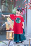  Bộ áo dài bé gái cổ yếm đính ngọc chất lụa ngọc trai cao cấp mịn đẹp 