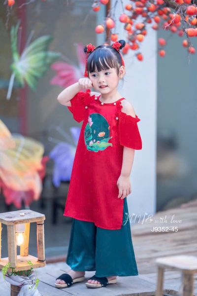  Bộ áo dài bé gái cổ yếm đính ngọc chất lụa ngọc trai cao cấp mịn đẹp 