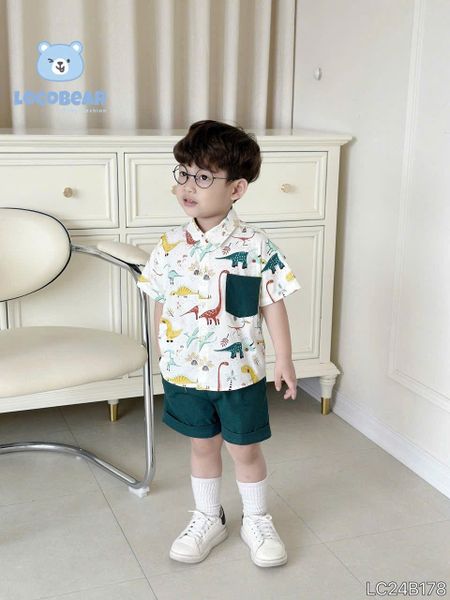  Set bé trai áo sơ mi in họa tiết khủng long phối túi cá tính S12 _ Beekids 