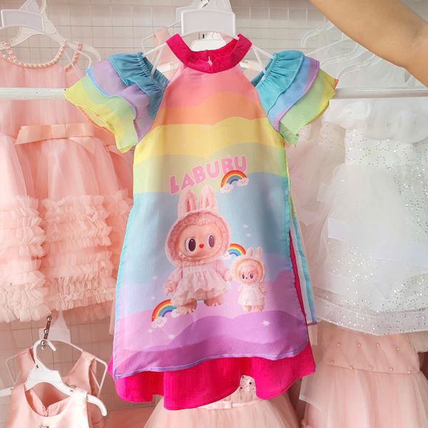  Bộ áo dài bé gái cổ yếm họa tiết Labubu hot trend AD06 _ Beekids 
