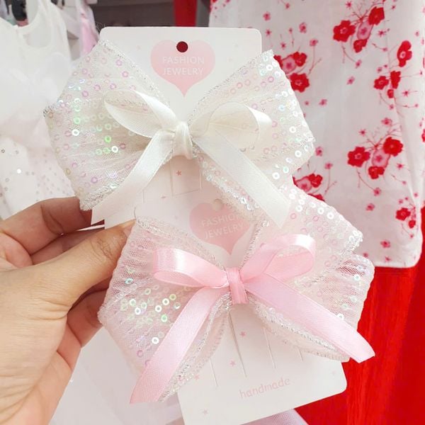  Kẹp tóc cho bé gái phối ruy băng voan lưới kim sa lấp lánh T07 _ Beekids 