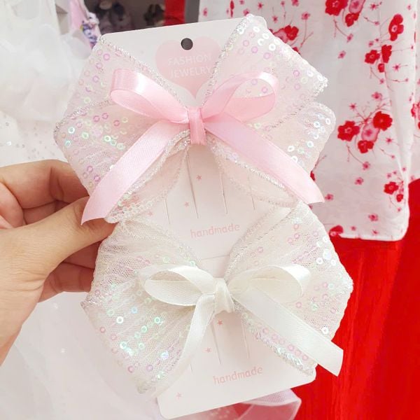  Kẹp tóc cho bé gái phối ruy băng voan lưới kim sa lấp lánh T07 _ Beekids 