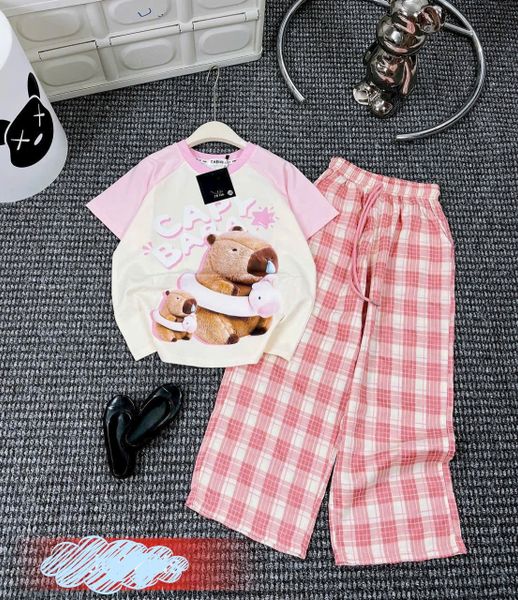  Set bé gái quần ống suông vải caro cotton phối áo thun hoạ tiết Capybara xịn sò S29 _ Beekids 