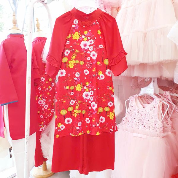  Bộ áo dài cho bé gái diện tết họa tiết hoa xinh xắn AD08 _ Beekids 