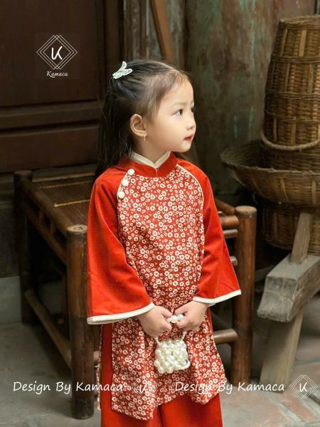  Bộ áo dài bé gái họa tiết hoa đào nhí đậm chất Tết AD09 _ Beekids 