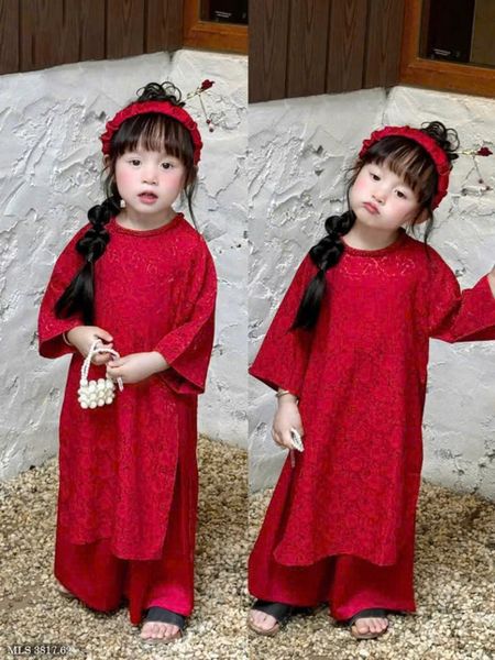  AD10 _ Bộ áo dài đỏ bé gái mặc Tết áo chất gấm phối quần lụa siêu mềm mịn _ Beekids 