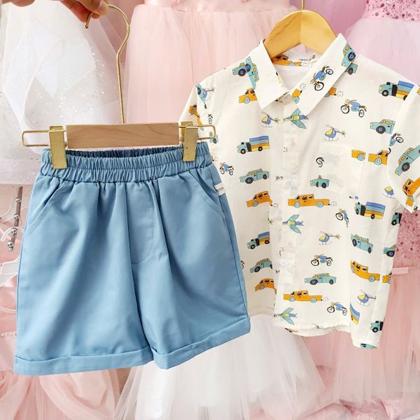  Set bộ bé trai áo sơ mi họa tiết ô tô máy bay S34 _ Beekids 