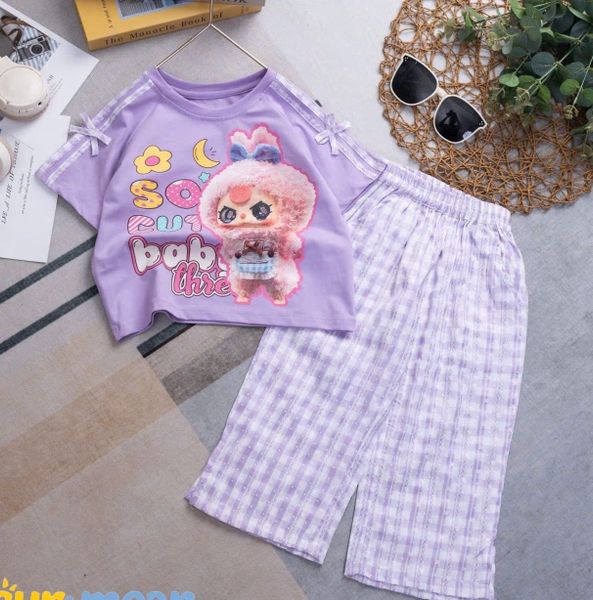  Set bé gái quần dài ống suông caro phối áo thun Baby Three xinh xắn S38 _ Beekids 