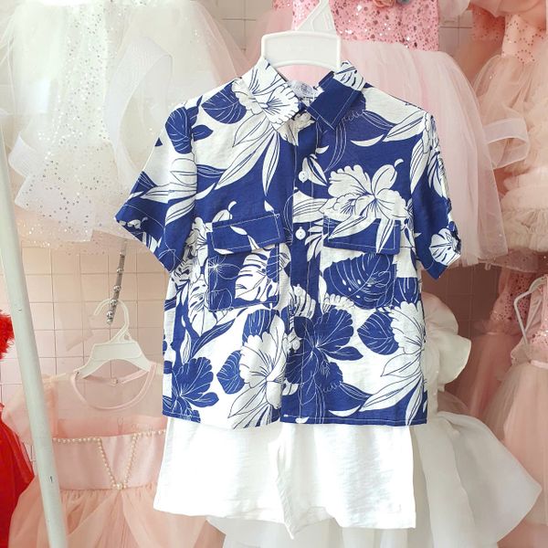 S40 _ Set bé trai mặc đi biển, du lịch áo sơ mi hoạ tiết lá cây phối quần ngắn _ Beekids 