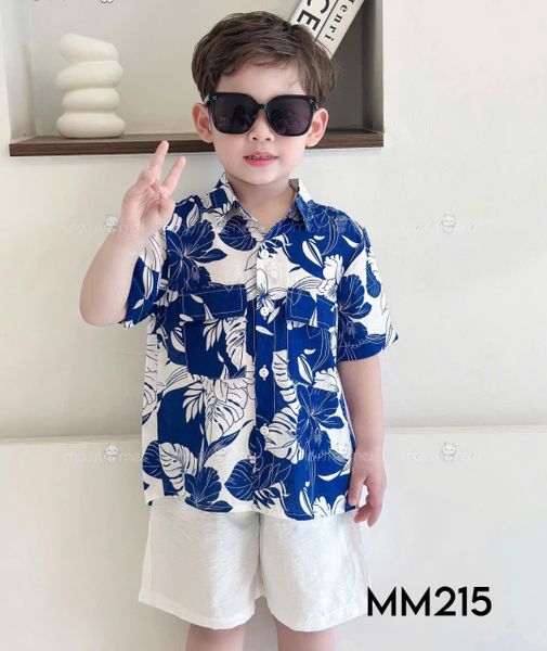 S40 _ Set bé trai mặc đi biển, du lịch áo sơ mi hoạ tiết lá cây phối quần ngắn _ Beekids 