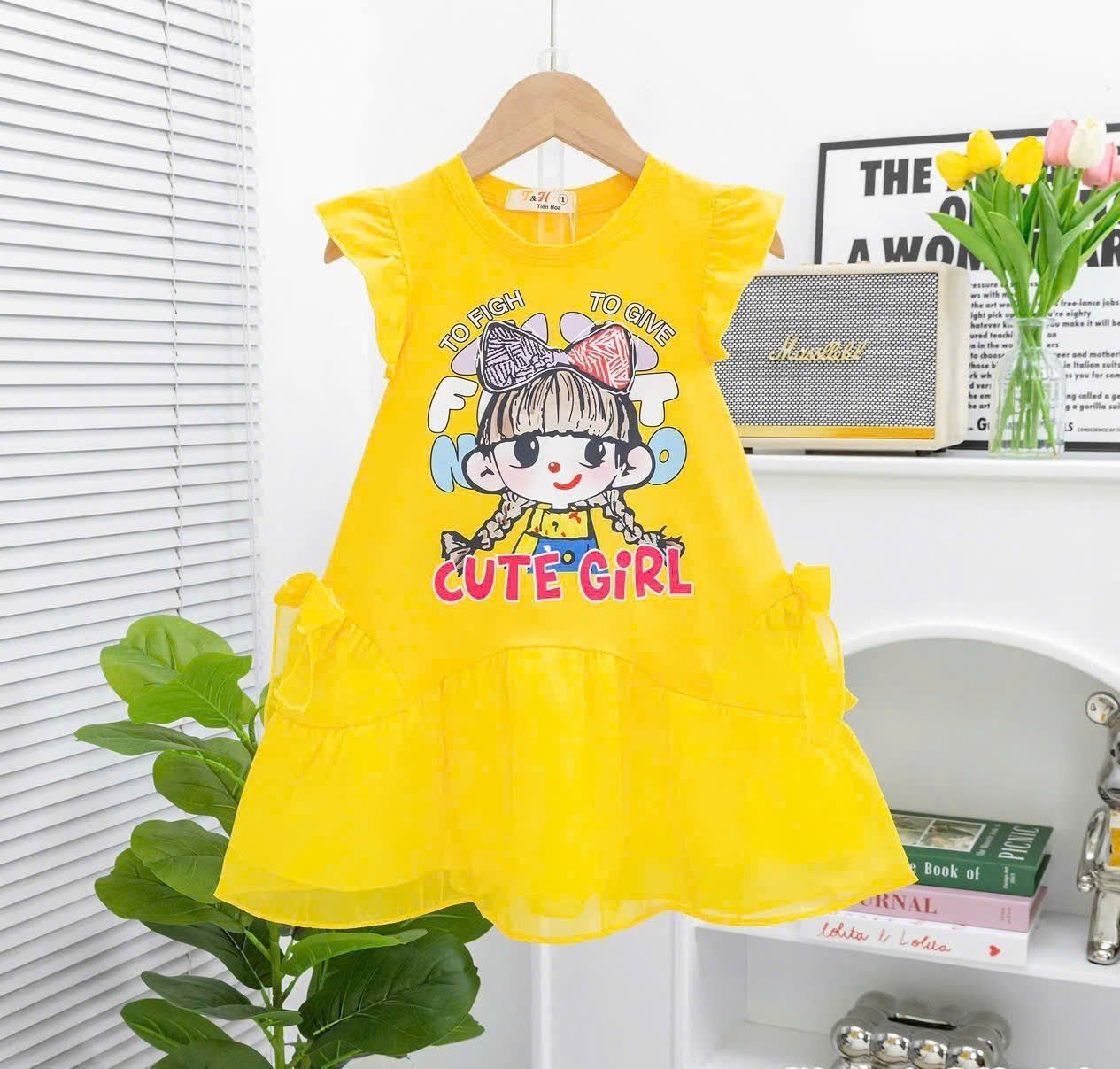  D35 _  Đầm thun bé gái phối voan tay cánh tiên họa tiết cô gái đáng yêu _ Beekids 