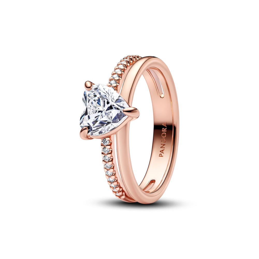 Nhẫn Mạ Vàng Hồng 14K Trái Tim Bản Đôi Đính Đá CZ - Pandora