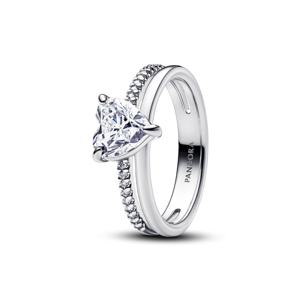 Nhẫn Bạc Trái Tim Bản Đôi Đính Đá CZ - Pandora