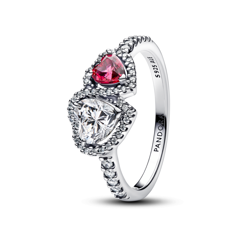 Nhẫn Bạc Halo Hai Trái Tim Chung Nhịp Đập Trắng Đỏ - Pandora