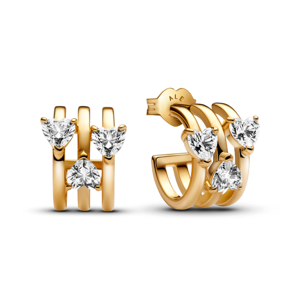 Hoa tai tròn mạ vàng 14k ba trái tim lấp lánh - Pandora