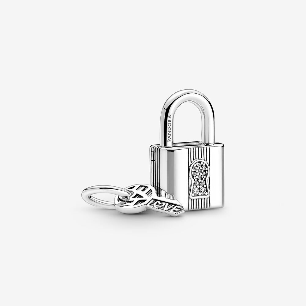 Charm bạc Pandora Moments hình ổ khóa và chìa khóa treo lủng lẳng ...