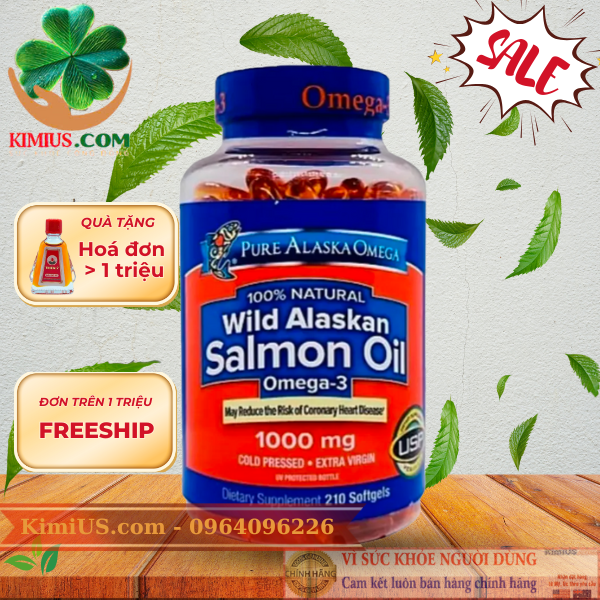  Dầu cá hồi Pure Alaska Omega-3 Wild Salmon Oil 1000mg 210 viên của Mỹ 