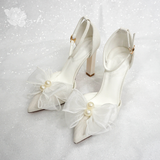  Giày cưới Kiyoko gót vuông có quai đính nơ voan cao 10cm 