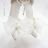 Giày cưới Kiyoko gót nhọn có quai 10cm đính nơ voan ngọc trai 