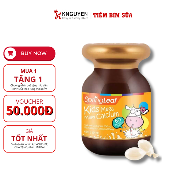  Viên Nhai Bổ Sung Canxi  Spring Leaf Kids Mega Milky Calcium Úc 60 viên 