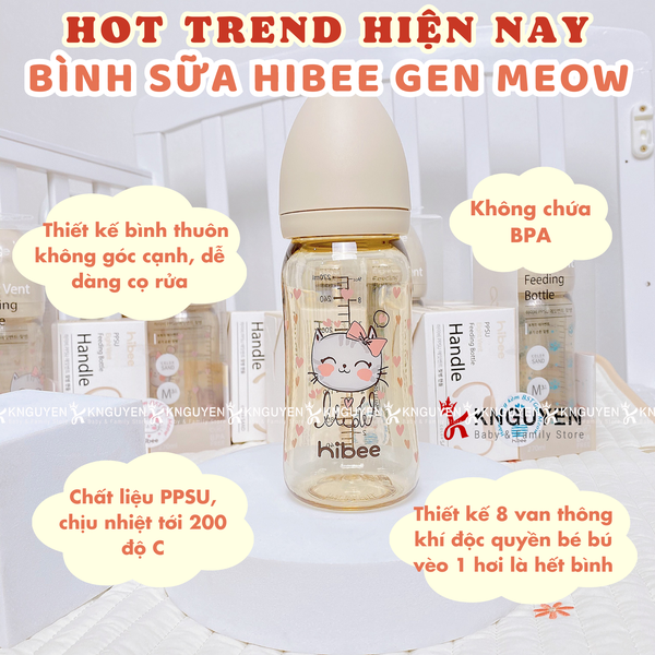  Bình Sữa Hibee Họa Tiết Mèo Nơ Hồng 
