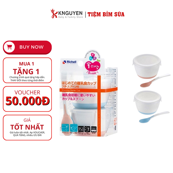  Bộ 2 Chén Ăn Dặm Kèm Nắp Và Muỗng Richell 