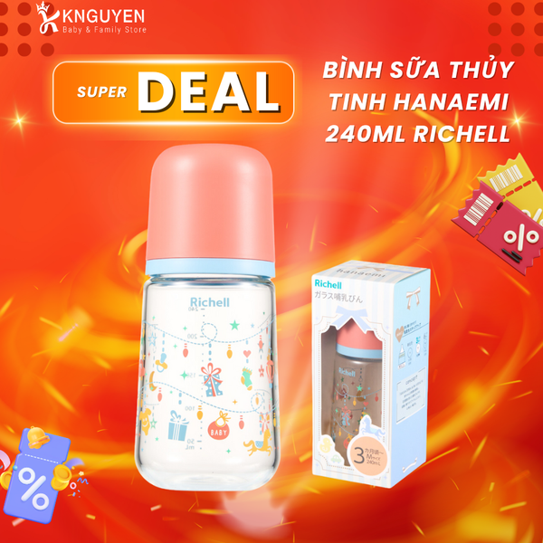  Bình Sữa Thủy Tinh Hanaemi 240ml (Từ 3 tháng tuổi) - Richell 