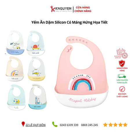  Yếm ăn dặm Silicon có máng hứng họa tiết 