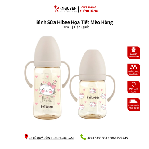  Bình Sữa Hibee Họa Tiết Mèo Nơ Hồng 