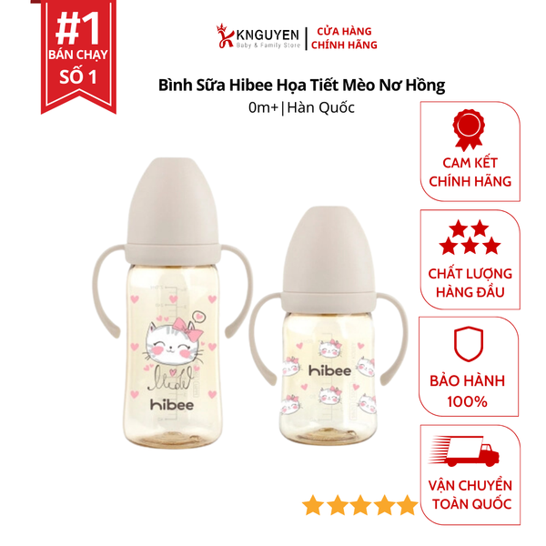  Bình Sữa Hibee Họa Tiết Mèo Nơ Hồng 