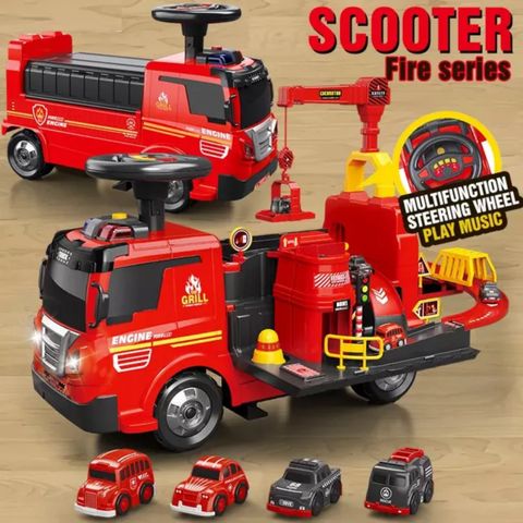  TP Xe Chòi Chân Cứu Hỏa Phun Nước Tích Hợp Bãi Đậu Xe 2in1, Xe Tập Đi Xe Thăng Bằng Cho Bé Có 4 Xe Ô Tô Đi Kèm Thú Vị 