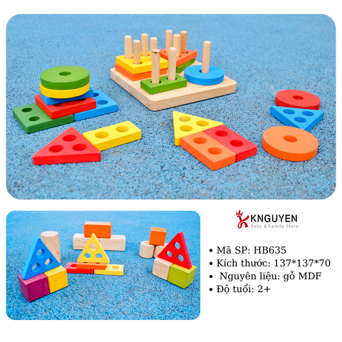  (HB635) Đồ chơi gỗ Montessori 4 cọc hình khối 