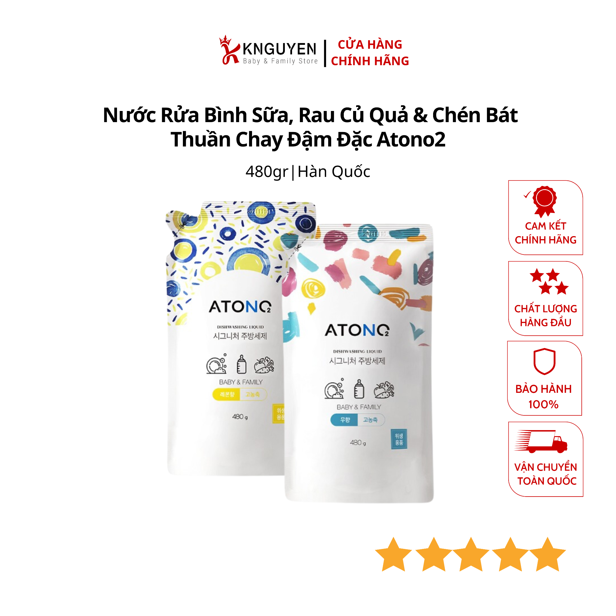  Nước Rửa Bình Sữa, Rau Củ Quả & Chén Bát Thuần Chay Đậm Đặc Atono2 Cho Bé Từ 0M+ (Dạng Túi ) 480g 