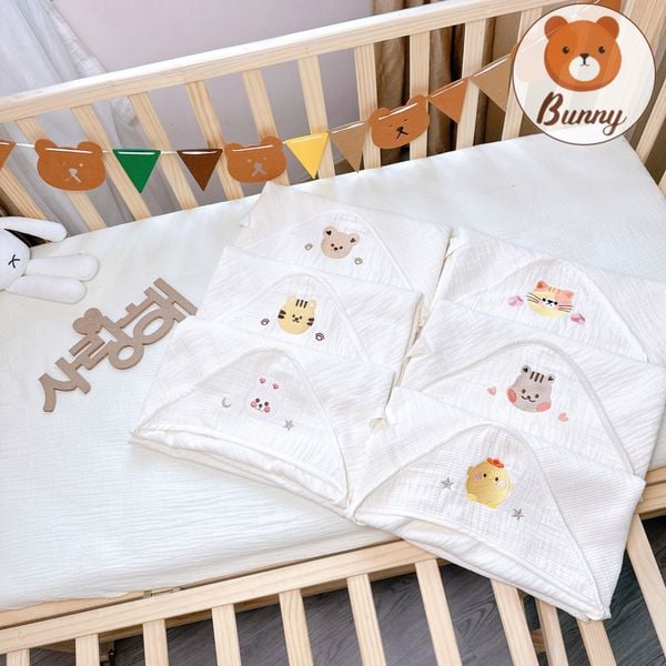  Ủ đón bé Bunny chất liệu cotton họa tiết thêu, có dây đai 
