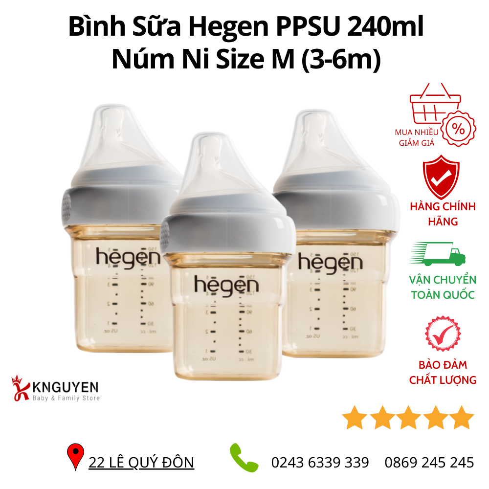  Bình sữa Hegen PPSU 240ml núm ti size M (3-6m) 