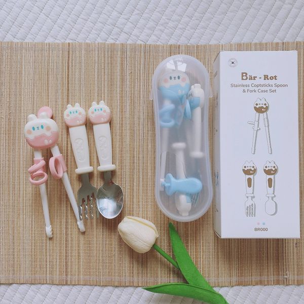  Set bộ 3 thìa, dĩa, đũa tập ăn cho bé kèm hộp đựng nhựa tiện lợi Bar-rot 