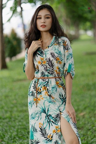  Đầm chemise linen in hoa phối xanh 