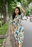  Đầm chemise linen in hoa phối xanh 