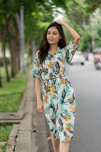  Đầm chemise linen in hoa phối xanh 