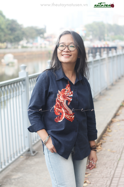  Áo chemise Xanh Đen thêu tay Rồng Naga 