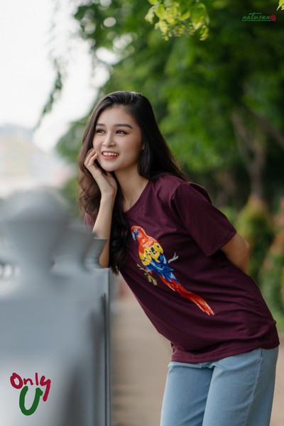  Áo Tshirt cổ tròn Purple Wine thêu tay Vẹt Scarlet 