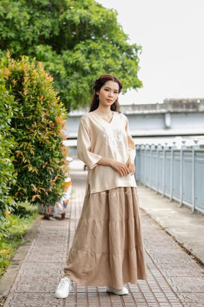  Áo boho tim Kem Beige thêu tay Cá Dĩa 