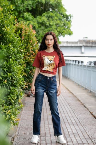  Áo thun Cam Gạch thêu tay Cheetah vàng 