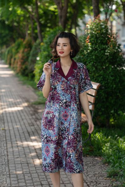  Đầm vest safari Tie Dyed linen in phối đỏ rượu 