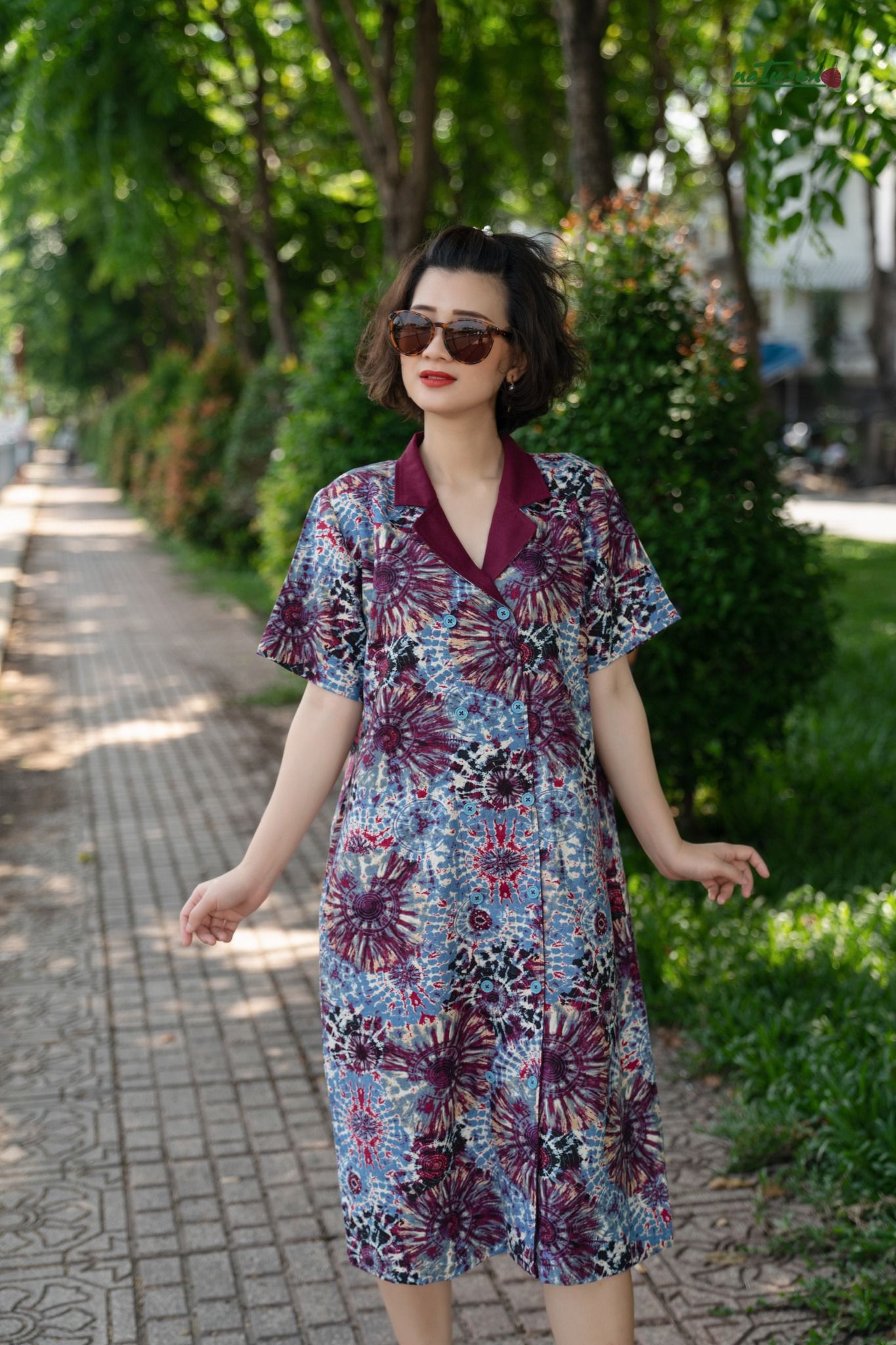  Đầm vest safari Tie Dyed linen in phối đỏ rượu 